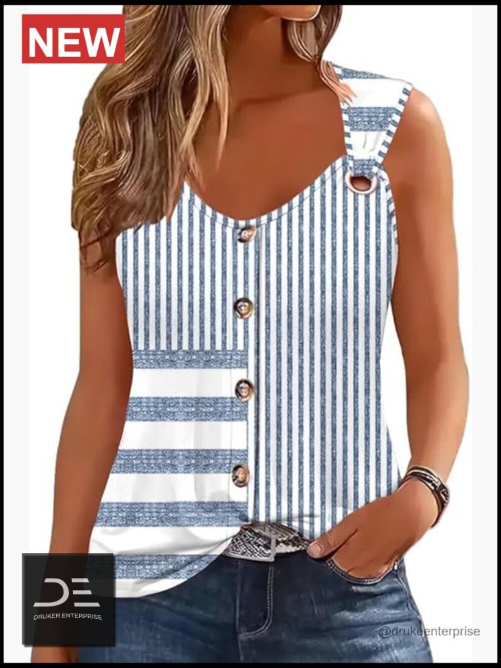 Scoop Neck O Ring Shoulder Tank Top Casual Sleeveless Button Front Blouse